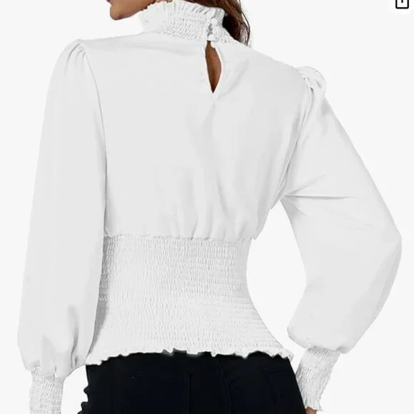 Women's Shirred Frill Mock Neck Smocked Puff Long Sleeve Blouse Top - Picture 2 of 6